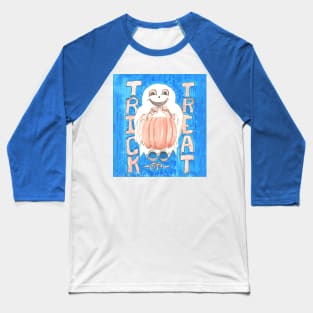 Trick or Treat Ghosty with Pumpkin Pail on Blue Background Baseball T-Shirt